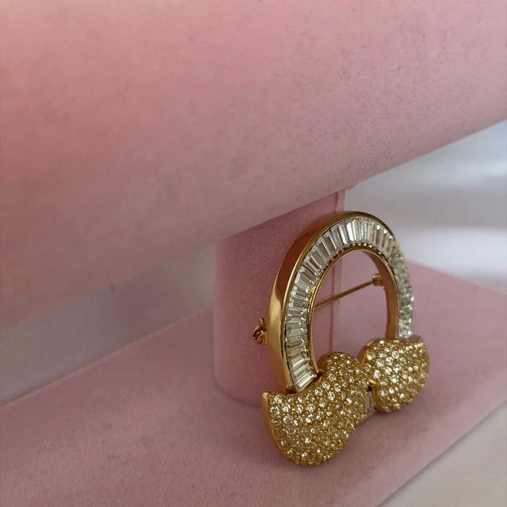 Vintage CHRISTIAN DIOR Large Gold Plate Pin Brooch Rhinestone Abstract Brooch 2" - Picture 2 of 5